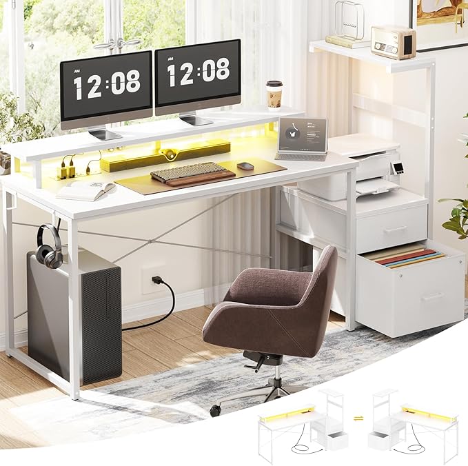 Aheaplus Gaming Desk with LED Strip & Power Outlet, 59Inch Reversible Computer Desk with Monitor Stand & Storage Shelves, Home Office Desks with Fabric File Drawer, Gamer Table PC Desk, White