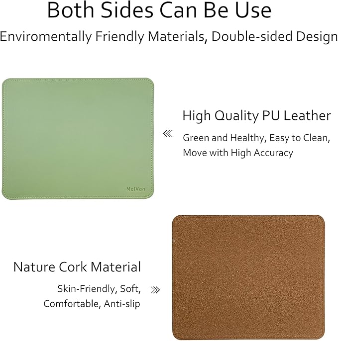MelVan PU Leather Mouse Pad with Stitched Edge, Wood Mousepad, Waterproof Gaming Mouse Pad Mat for Computers, Laptop, Office & Home, 10.2" x 8.3", 1 Pack (Matcha Green)