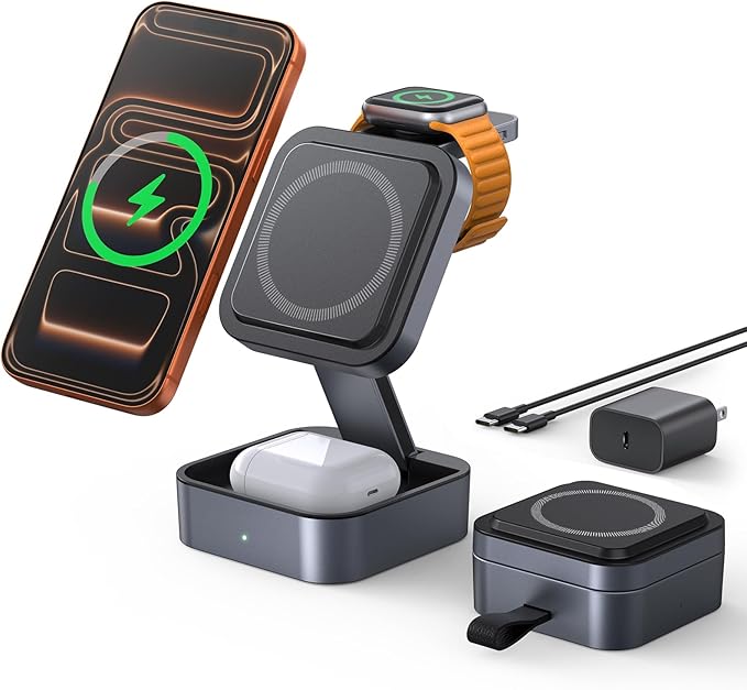 3 in 1 Wireless Charging Station for Apple Multiple Devices, Foldable Travel Compact MagSafe Charger Stand with 20W PD Adapter for iPhone 17/16/15/14/13, Apple Watch, AirPods Pro/4 - Space Grey