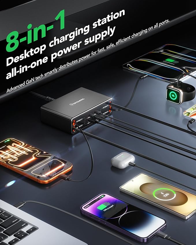 8-in-1 Retractable Charging Station Desktop for Multiple Devices, 105W GaN USB C Plug Retractable Multi Charger Hub for iPhone 17/16/15 Pro, Galaxy S26/S25, iPad, Pixel, Home Office, Travel Essentials