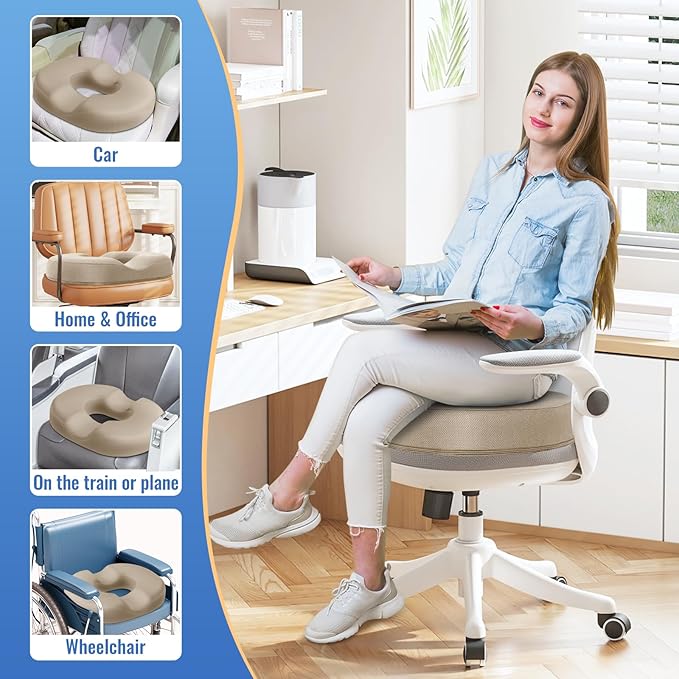 CloudBliss Donut Pillow Seat Cushion Chair Pad for Tailbone Pain Relief and Hemorrhoids, Memory Foam Seat Chair Cushion for Men and Women for Home & Office, (Khaki-2XL)