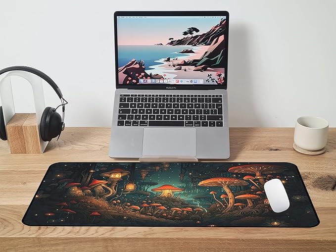 Mushroom Forest Desk Mat, Anime Mouse Mat XXL, Retro Large Gaming Keyboard Mouse Pad, with Non Slip Rubber Base and Stitched Edges Full Desk Pad, Natural Landscape Desktop Decor 31.5"X15.7"