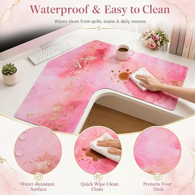 Relaxweex L Shaped Desk Mat for 90° Corner Desks, 26" x 26" Pink Waterproof Mouse Pad with 18" Inner Corner, Non-Slip Rubber Desk Protector for Office & Gaming