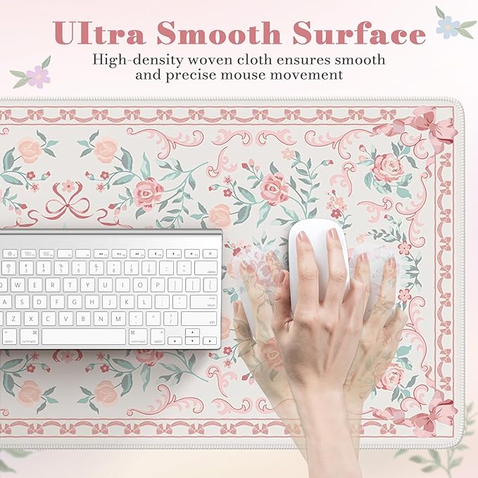 HAOCOO Pink Desktop Mat with Bow, Cute Large Mouse Pad for Office, Non-Slip Waterproof Desk Pad for Keyboard and Mouse, Floral Aesthetic Desktop Mat, Girly Home & Cubicle Supplies