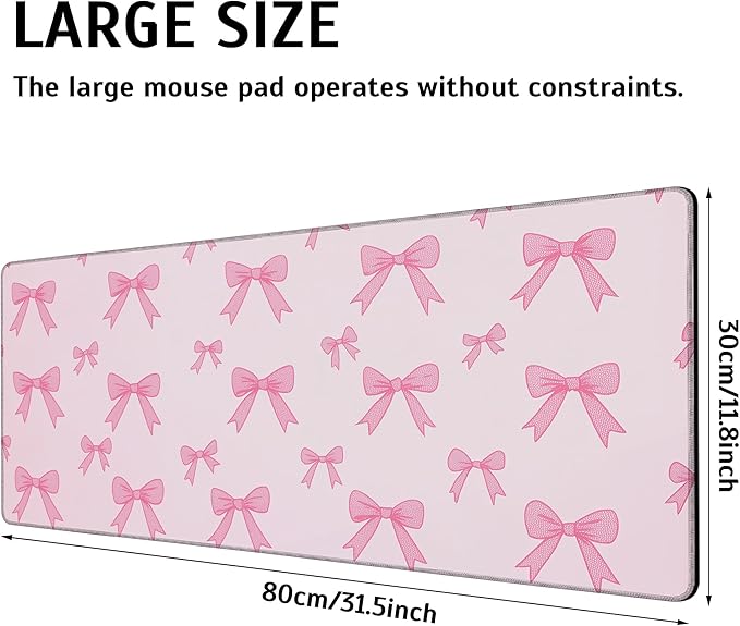 Large Gaming Mouse Pad Pink Bow Desk Mat,Non-Slip Rubber Base Stitched Edges,Extended Mousepad for PC,Laptop,Office,Home Decor(31.5 x 11.8 Inch)