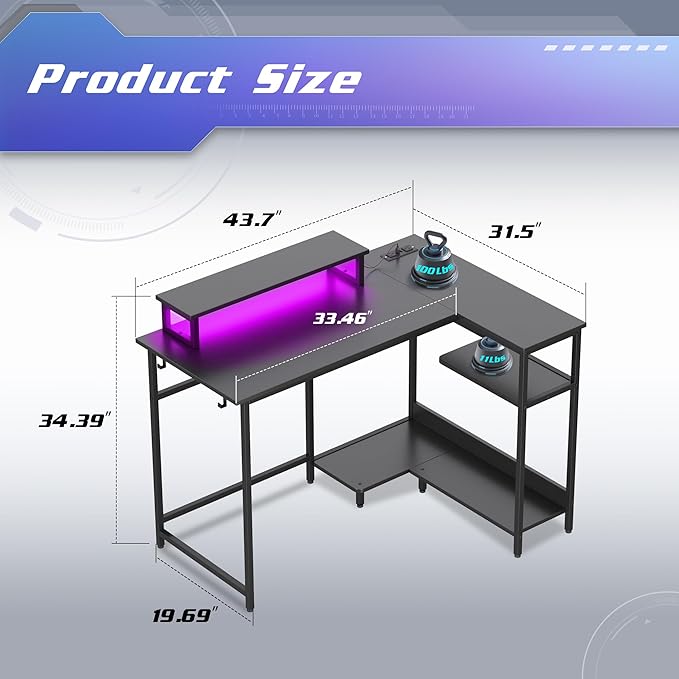 DEVAISE Compact 43" L Shaped Gaming Desk with LED Lights and Power Outlets - Corner Computer Table with Monitor Stand and Storage Shelves for Work and Gaming, Black