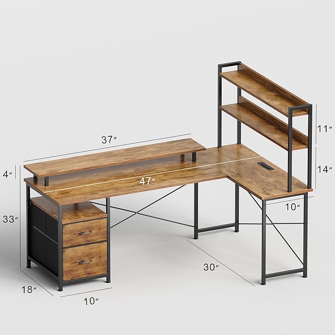 Maihail L Shaped Desk with Shelves,Reversible Computer Desk with LED Lights and Charging Station,Home Office Corner Desk with Monitor Stand,Brown2