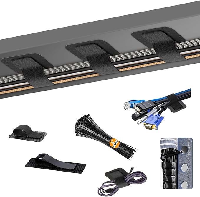Under Desk Cable Management Set - 20 Pair Adjustable Hook and Loop Cable Ties with Adhesive Backing + 100 Pack 6 Inch Zip Ties, Complete Cord Organizer Kit for Home Office Desk Wire Management (Black)