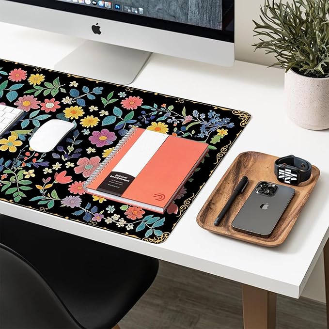 Desk Mat Large Mouse Pad, Non-Slip PU Leather Gaming Mousepad Keyboard Mouse Mats Desk Pads 27.5"x13.8" for Work Office Decor Gifts Black Floral