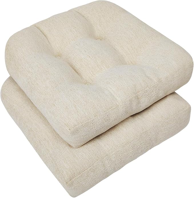 downluxe Chair Cushions for Dining Chairs 2 Pack, Tufted Indoor Chair Pads with Non-Slip Bottom, U-Shaped Kitchen Chair Cushions, 17"x17"x4", Beige