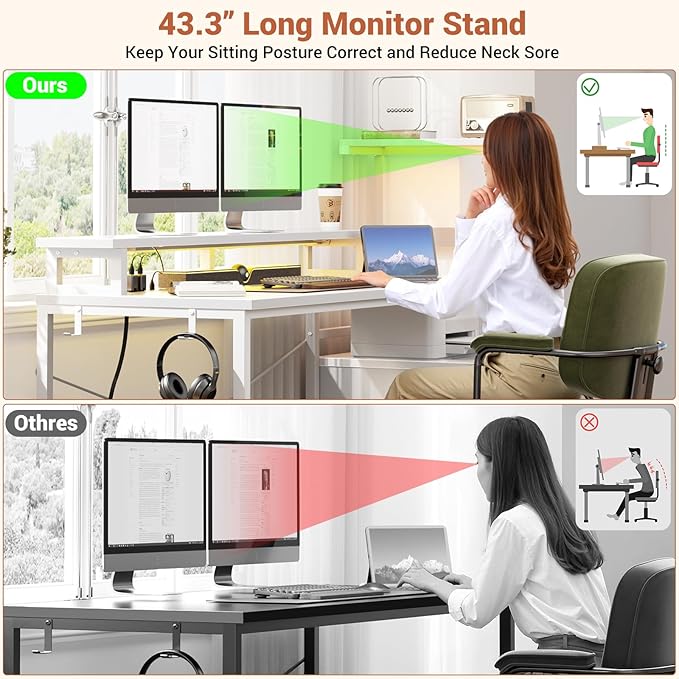 Aheaplus Gaming Desk with LED Strip & Power Outlet, 59Inch Reversible Computer Desk with Monitor Stand & Storage Shelves, Home Office Desks with Fabric File Drawer, Gamer Table PC Desk, White