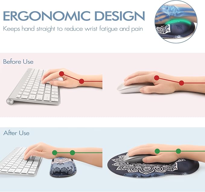 Keyboard Wrist Rest, Ergonomic Mouse Pad Wrist Support, Memory Foam Wrist Rest, Anti-Slip Base, Mousepad with Coaster for Computer Keyboard Office Home, Mandala