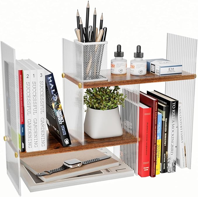 BYCY Double H Display Bookshelf Desktop Organizer Office Storage Rack Desk Expandable Wood Display Shelf with Acrylic Side Board Free Style Display Adjustable Stackable for Home Office (Black Brown)