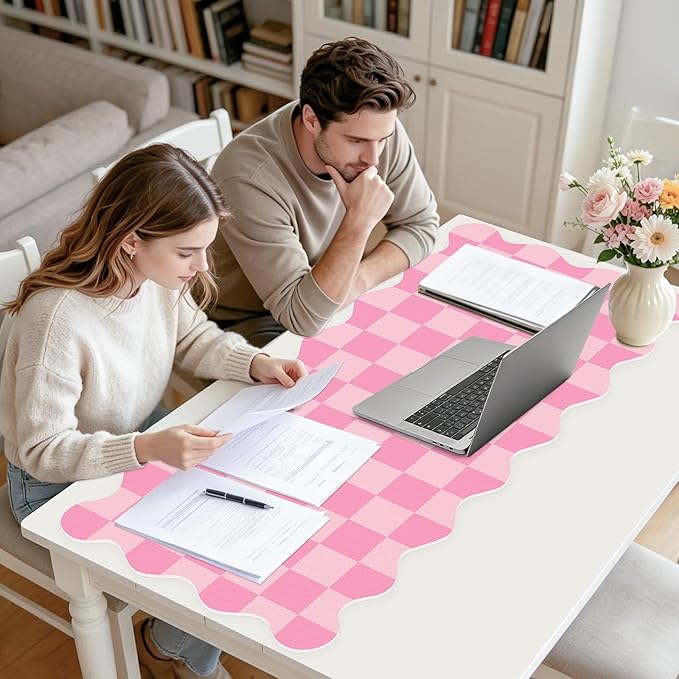 Scalloped Pink Desk Mat, 23.6" x 11.8" Waterproof Large Desk Mat, Non-Slip Computer Mouse Pad and Keyboard Mat, Pink Cute Desk Mat for Office, Work, Home, or Vanity