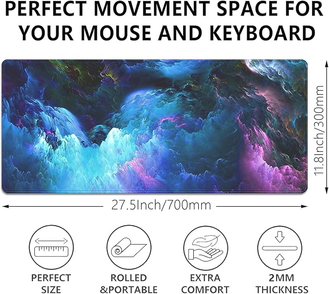 Colorful Galaxy Mouse Pad Desk Pad, 27.5x11.8 in Large Sky Mouse Mat Extended Keyboard Mousepad with Stitched Edges, Waterproof Non-Slip Rubber Base for Office Computer Laptop Home