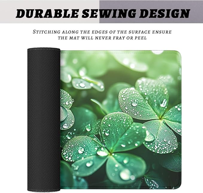 Four Leaf Clover Gaming Mouse Pad St Patricks Day Green Shamrock Extended Mousepad Waterproof Stitched Edges Rubber Base Non-Slip Deskpad Computer Keyboard Mat 31.5x11.8 in