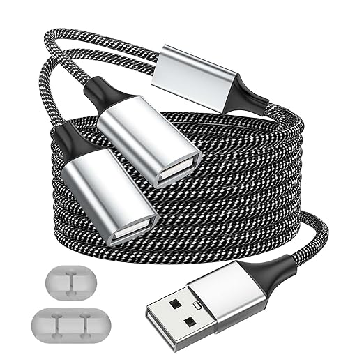 Fidioto USB Splitter 1 in 2 Out, USBA Male to 2 Female USB Extension Cable, 6.6Ft Long A Y Splitter Support Charging and Data Transfer