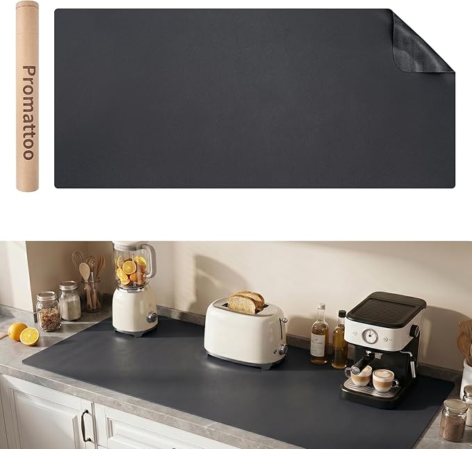 1.6mm Thick Leather 17x72 Inch Non-Slip Mat, Waterproof Countertop Protector, Large Kitchen Island Cover/Buffet Topper, Obsidian Black