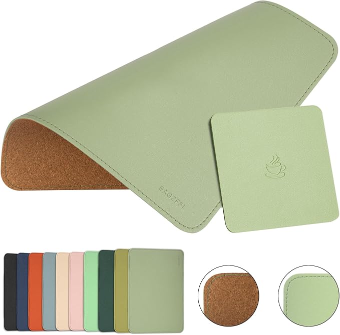 Double-Sided PU Leather & Cork Mouse Pad with Coaster – Reversible, Non-Slip, Stitched Edges for Office & Home, 8x11 Inches,(Matcha Green)