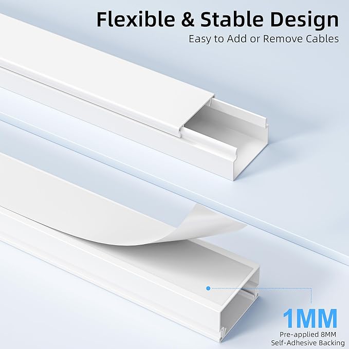 Delamu Cord Hider for Wall Mounted TV, 57in Paintable Cable Cover System, Self-Adhesive Cable Management Raceway Kit Hides 2-3 Wires, Baseboard Wire Hider Easy Installation, W 0.95 H 0.55in, White