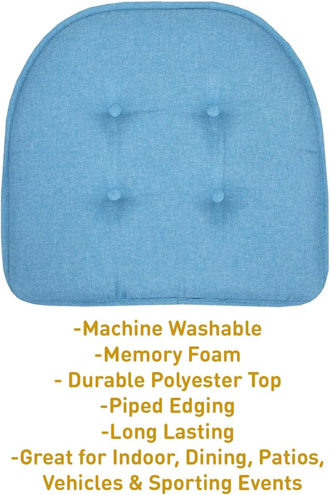 Sweet Home Collection Chair Cushion Memory Foam Pads Tufted Slip Non Skid Rubber Back U-Shaped 17" x 16" Seat Cover, 6 Pack, Turquoise, (Pack of 2)