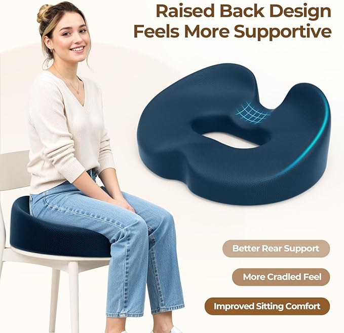 TushGuard Ergonomic Donut Pillow Seat Cushion with Raised Rear Support, Large Memory Foam Cushion for Tailbone, Hemorrhoids & Sciatica Relief, Office Chair, Car, Travel, Postpartum, Blue