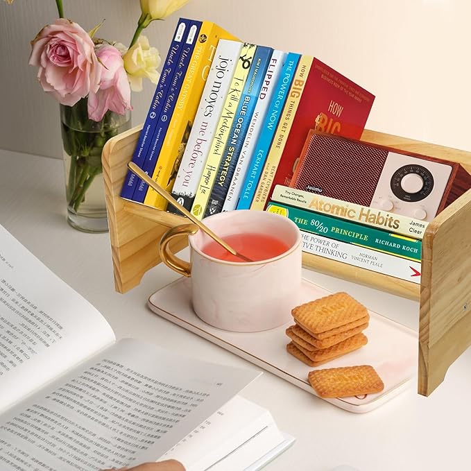 Desktop Bookshelf Organizer, Wood Office Tabletop Book Storage Rack, Tilting Bookcase for Books/Magazine Display,Small Desktop Bookshelf,Desk Shelf