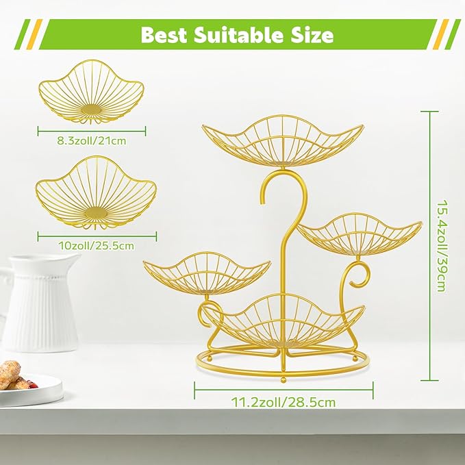 PouHenier.jh 4 Tier Fruit Bowl Basket for Kitchen, Countertop Vegetable Storage Stand, Tiered Metal Produce Organizer Rack Holder for Table Top, Modern Stylish Design with Stable Base and Handle, Gold