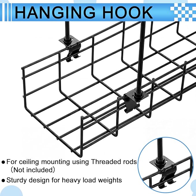 Shimeyao 10 Pcs Wire Mesh Cable Tray Ceiling Hanging Hook, Basket Tray Ceiling Support Hang Bracket, Galvanized Steel Hanging Hook for Network, Fiber Optic, Cabling Accessory (Black)