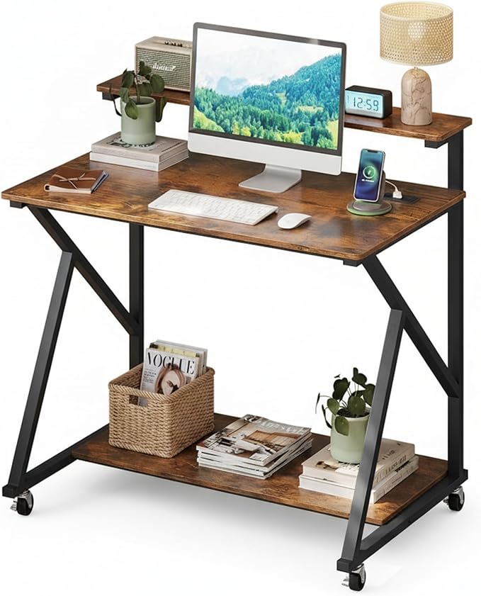 Tangkula Rolling Computer Desk Cart with Power Outlets, 32" Mobile Portable Laptop PC Desk with Monitor Stand, CPU Stand & Storage Shelf, Compact Small Desk on Wheels for Small Space (Rustic Brown)