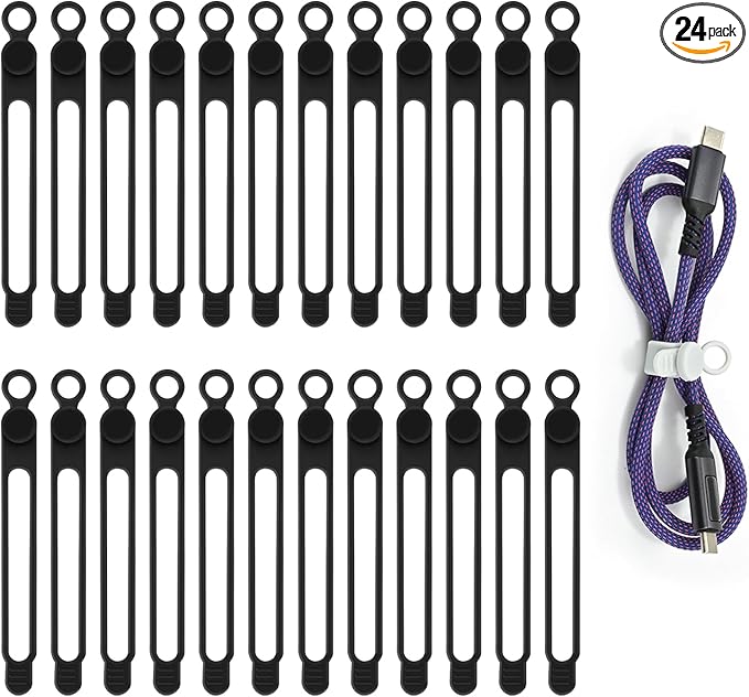 Silicone Cord Ties, Reusable 4.2in Cord Organizer for Charging Cables, Electrical Cords, Computer Wires, USB Data Cable Management(24Pcs, Black)