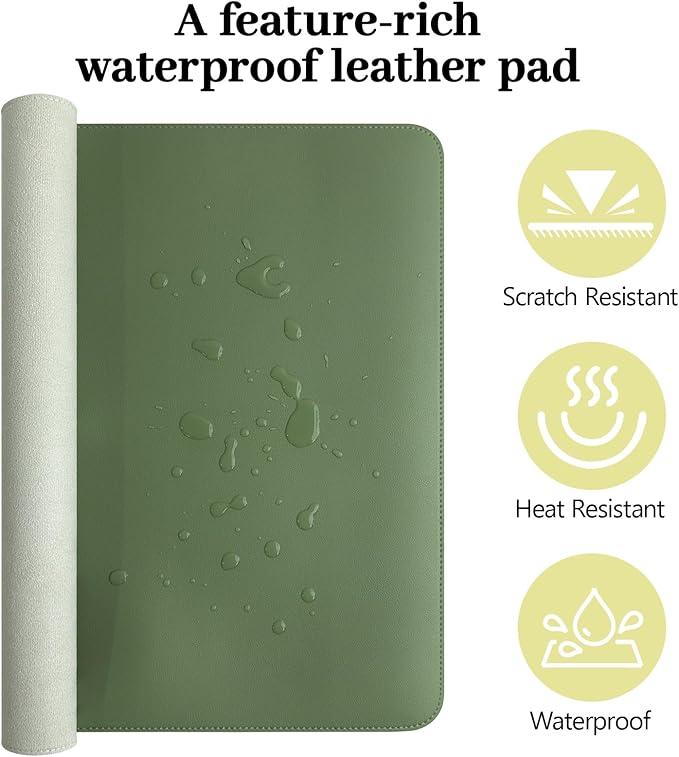 Olive Green Leather Desk Mat Large Mouse Pad, Waterproof Desk Pad for Keyboard and Mouse, Non-Slip Computer Desk Protector, Smooth Mouse Movement Desk Mat for Home and Office(23.6"×13.8")