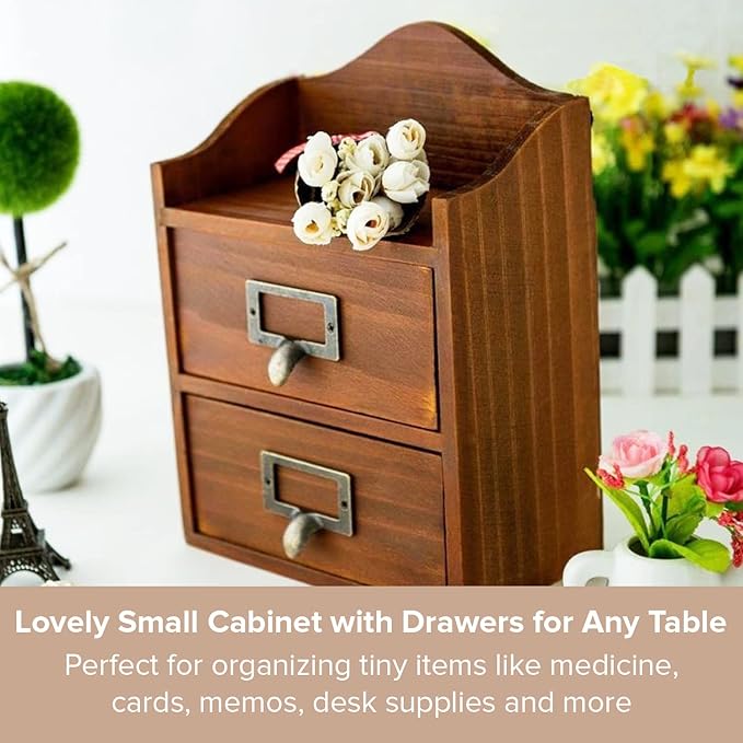 Mini Vintage 2 Drawer Desktop Organizer - Rustic Card Catalog with Label Holders - Small Chest for Organization - Library Box - Wood Table Cabinet Top Vertical Storage Bin