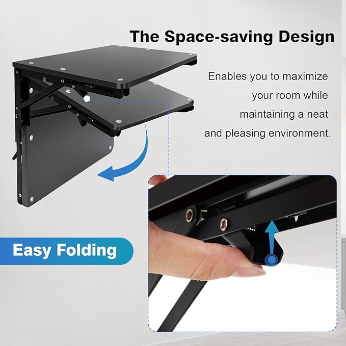 Folding Shelf Wall Mounted for Small Space, Wooden Wall Table for Living Room Bedroom Decor, Office Floating Fold Down Desk, Media Shelves with Heavy-Duty Brackets, 21.7Inches Black