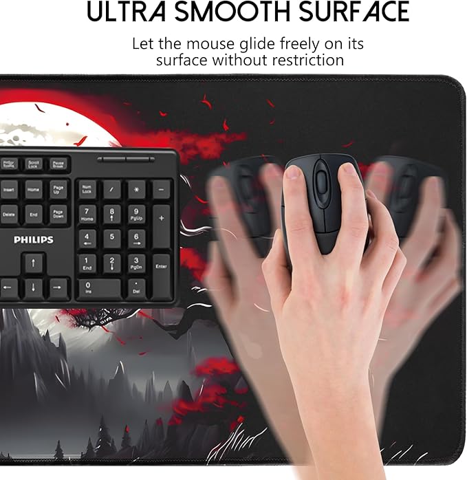 FreeNook Large Gaming Mouse Pad, Anime Black Mousepad with with Non-Slip Base, Expanded Cool Desk Mat, Mountain Moon Scenery XL Keyboard Mat Suitable for Home Office,35.4 X 15.7 Inch