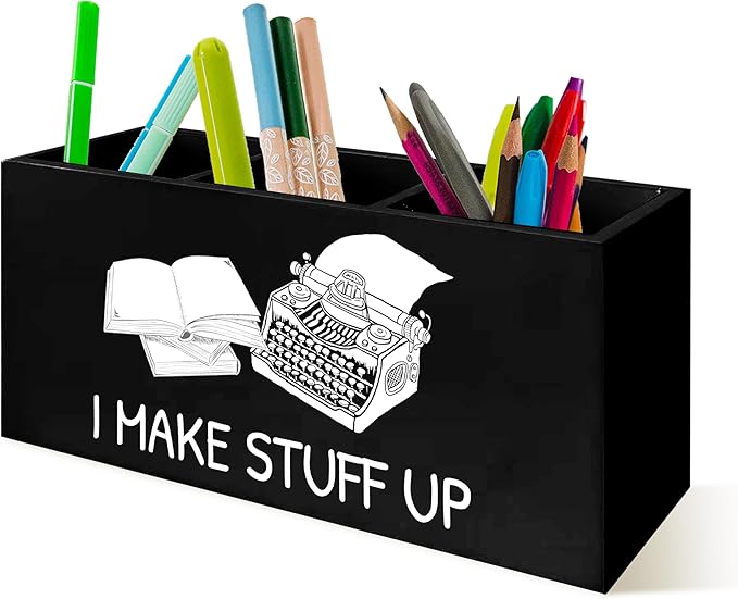Funny Writer Pen Pencil Holder Organizer for Desk, Gifts for Writers and Authors, I Make Stuff Up Wooden Box Block Sign for Home Office Tabletop Decor