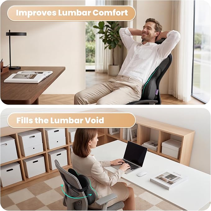 ZZ-WELL Lumbar Support Pillow - Back Support Pillow for Office Work Chair - Memory Foam Chair Back Cushion for Mid Lumbar Back Pain, Posture Improved - Adjustable Straps, Breathable Cover (Black)