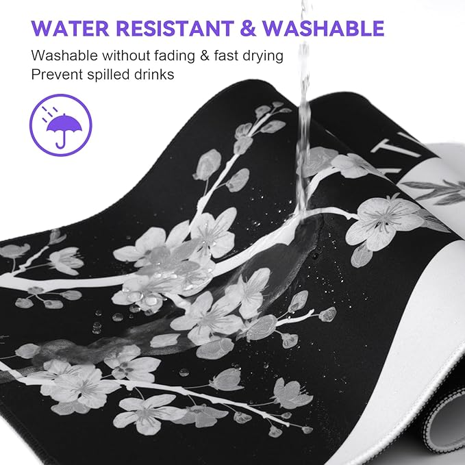 DIGSOM Mouse Pad Gaming Keyboard Pad 31.5 x 11.8 in Gaming Mouse Pad with Anti-Slip Rubber Base and Stitched Edges, Japanese Life Death Keyboard Mat(Black with White Cherry Blossom)