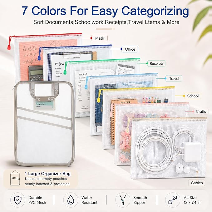 7-Pack Mesh Zipper Pouch with 1 Organizer Bag, A4 Size (13x9.4) Clear Waterproof File Bags, Fits 14 Inch Laptop, Professional Office & College Organizing System (8pcs)