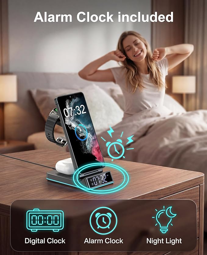 Wireless Charger for Samsung,7 in 1 Wireless Charging Station Foldable Fast Charger Stand with Night Light/Alarm Clock for Samsung Galaxy S26/S25/S24/S23/S22/S21/Galaxy Watch Ultra/8/7/6 Galaxy Buds