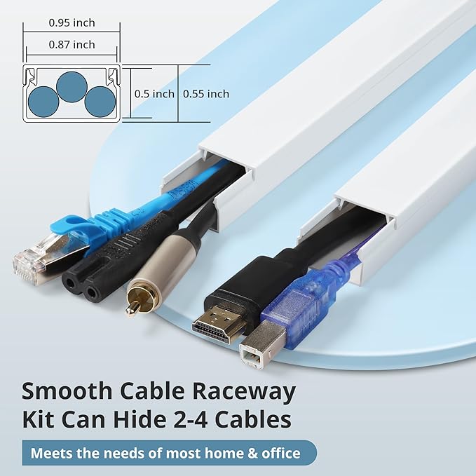 Cord Covers for Wires on Wall Extra-Long, 24ft TV Cord Hider Kit, Paintable Cable Management Concealer, TV Wire Hider for Wall, White Cable Raceway Channel, 8 x L36in x W0.95in x H0.55in
