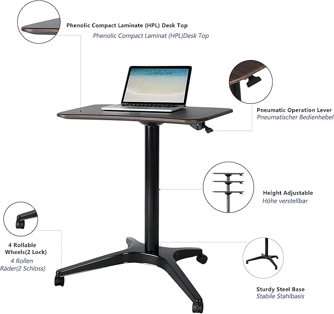 Mobile Standing Desk,Pneumatic Height Adjustable Laptop Desk, Mobile Laptop Desk with Wheels, Height Adjustable from 29.5'' to 47'',Black
