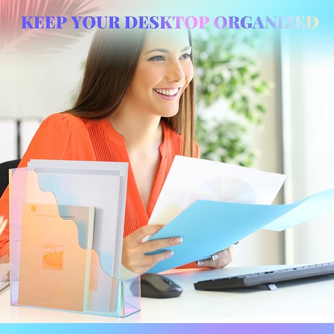 Engrowtic 2 Pcs Iridescent Acrylic Magazine File Holders, Water Ripples Vertical File Organizer, Colorful Acrylic Folder Organizers for Desk Office Classroom Home Decor Document Storage Organizer