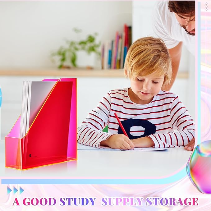 Engrowtic 2 Pcs Fluorescent Powder Vertical Magazine File Holder Acrylic Magazine Holder Storage Organizer Plastic Acrylic Rack for Office Classroom Home Document Paper Book Collection