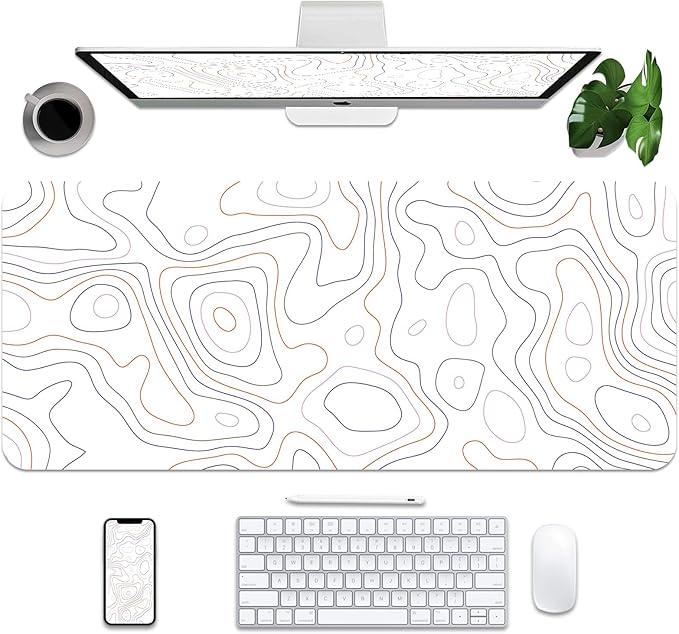 White Topographic Map Desk Mat 35.4" x 15.7", PU Leather Computer Laptop Mat, Non-Slip Waterproof Mouse Keyboard Pad, Large Desk Blotter, Leather Writing Matt for Work/Home 35.4"x 15.7", Topographic
