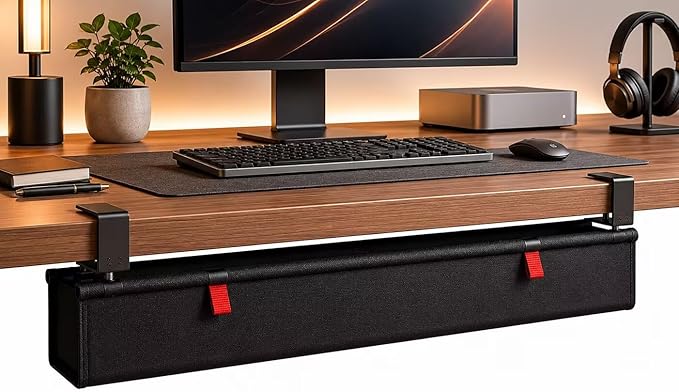Extra Large 90CM Under Desk Cable Management Tray, No Drill Clamp Mount Cord Organizer, Fabric Cable Management Basket for Standing Desk, Office & Gaming Desk Wire Management