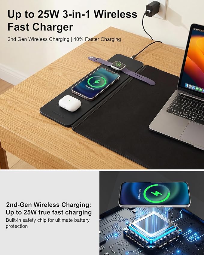 Wireless Charging Mouse Pad with 2nd Gen Tech, 3-in-1 25W Fast Charger, Replaceable Rubber & Microfiber Leather Desk Mat, Large Waterproof Desk Pad for Office & Gaming(Leather Mat& Coasters)