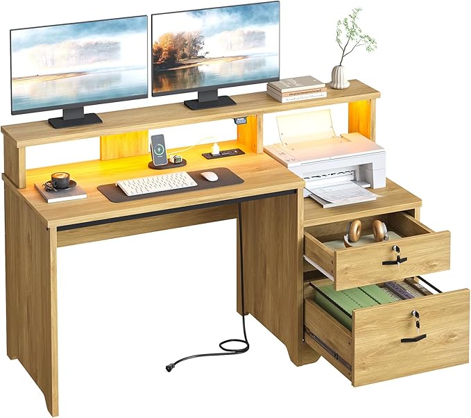 Bestier 55" Computer Desk with Power Outlets & LED Lights, Home Office Desk with Lockable File Drawer & Printer Shelf, Monitor Stand, Modern Workstation for Gaming Study, Natural Oak