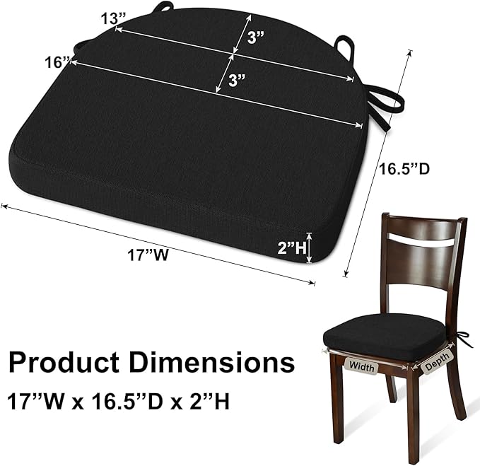 Shinnwa Dining Chair Cushions Set of 4, Non-Slip Kitchen Chair Cushions with Ties and Machine Washable Cover, 4 Pack, 17 x 16.5 x 2in, Black