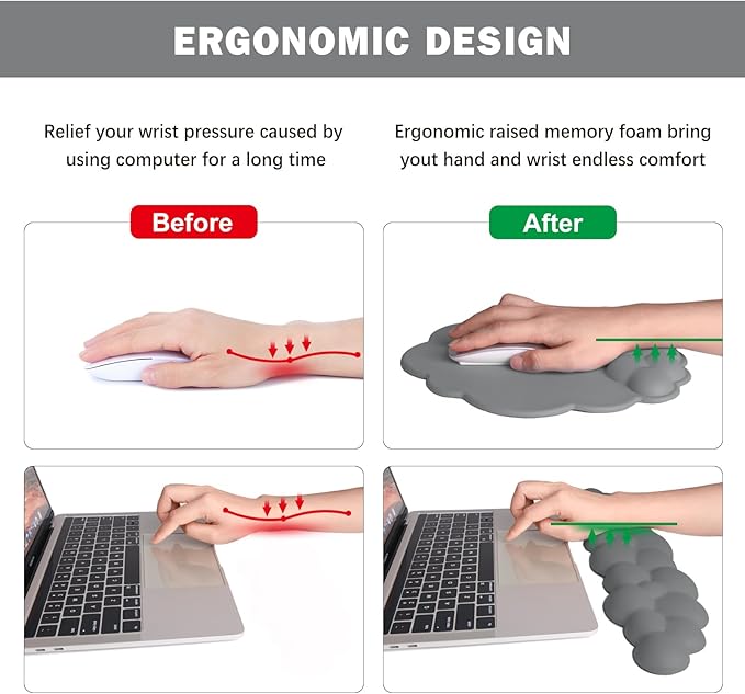 Cloud Keyboard Wrist Rest and Mouse Pad with Wrist Support Set, Ergonomic PU Leather Mouse Pads, Pain Relief Memory Foam Non-Slip Mousepad for Computer,Laptop,Grey